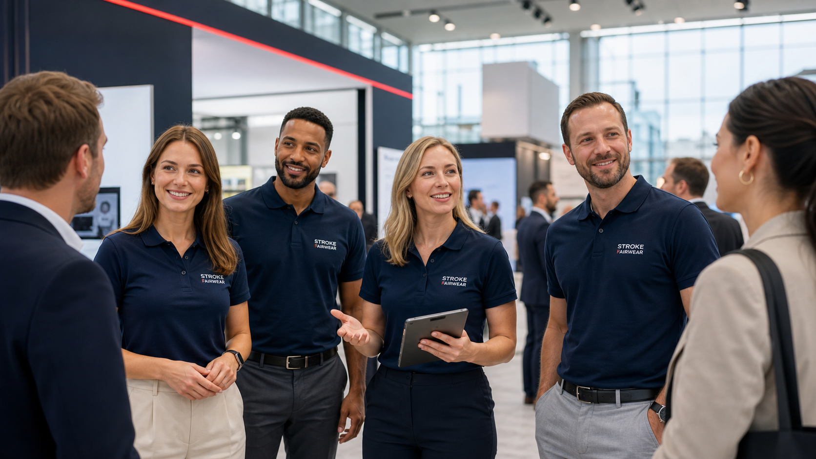 Vertrieb & Aussteller in einheitlicher Teamkleidung auf einer Messe